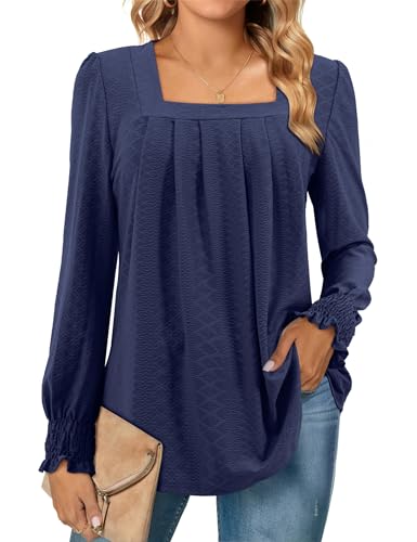 Florboom Bluse Damen Langarm Lose Longshirt Gebogene Saum Freizeit Tunika Shirt Marineblau S von Florboom