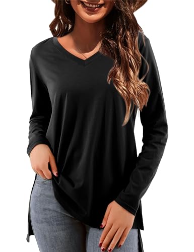 Florboom Blusenshirt Damen Langarm Shirts Geteilter Saum Elegant Oberteil, Schwarz L von Florboom