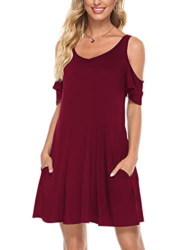 Florboom Cold Shoulder Kleid Damen Kurzarm Freizeit Kleider V-Ausschnitt Strandkleider Knielang Weinrot XL von Florboom