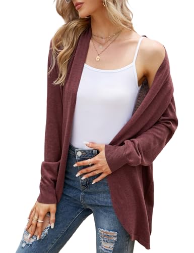 Florboom Damen Cardigan Einfarbig Langarmshirt Gestrickt Bluse Leicht T-Shirts, Weinrot S von Florboom