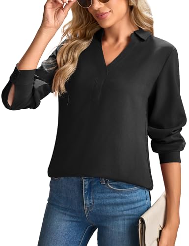 Florboom Damen Hemdbluse Elegant V Ausschnitt Langarm Blusen Causal Herbst Oberteile (Schwarz, XXL) von Florboom