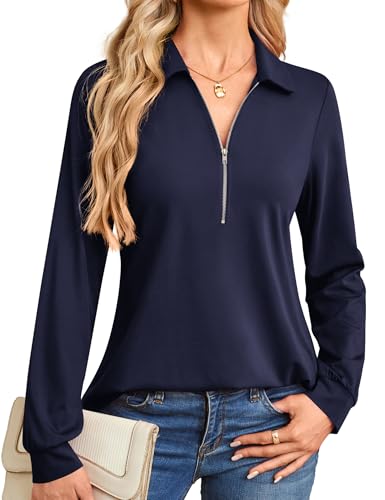 Florboom Damen Hemdbluse Reißverschluss Langarmshirt V-Ausschnitt Shirt Arbeit Oberteile (Marineblau, M) von Florboom