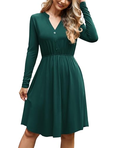 Florboom Damen Herbst Kerbe V-Ausschnitt Midikleid Langarm Kleider, Swing Lässig A-Linie Freizeitkleid (Grün, S) von Florboom
