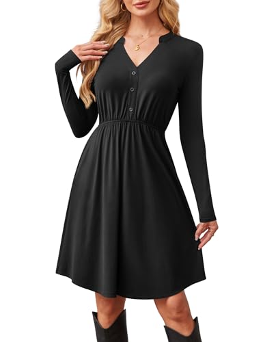 Florboom Damen Kleider Kerbe V-Ausschnitt Langarm Elegant Midikleid Knielang A-Linie Kleid (Schwarz, S) von Florboom