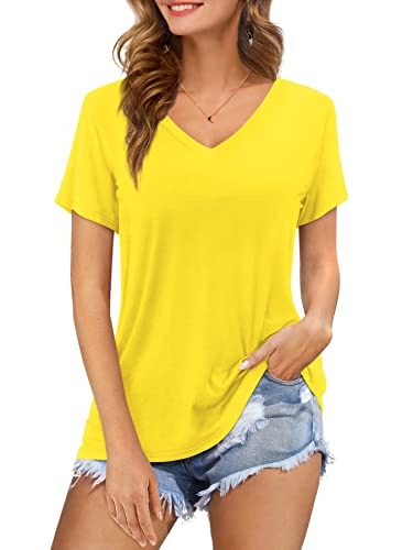 Florboom Damen Kurzarm T-Shirt V-Ausschnitt Tunika Kurzarm Longshirt Lockere Oberteile Gelb XL von Florboom