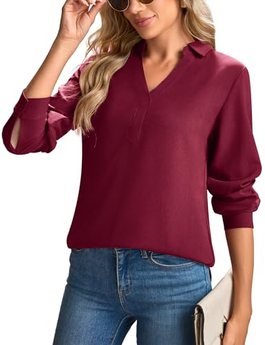 Florboom Damen Langarm Blusen Elegant V-Ausschnitt Einfarbige Hemdbluse Herbst Chiffon Oberteil (Weinrot, S) von Florboom