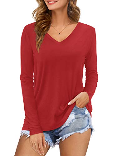 Florboom Damen Langarm T-Shirt V-Ausschnitt Tunika Top Lässige Oberteil Bluse Shirt Rot XXL von Florboom