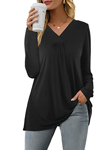 Florboom Damen Oberteile Langarm Shirts V Ausschnitt Tshirt Plissiert Longshirt Schwarz L von Florboom