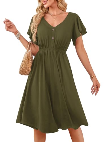 Florboom Damen Sommer Elegante Midikleid Rüschen Kurze Ärmel V-Ausschnitt Kleider, Swing Lässig A-Linie Sommerkleid (Armee Grün, S) von Florboom