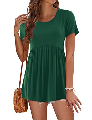 Florboom Damen Sommer Tops Babydoll Kurzarm Tunika Tops Rundhals Schößchen T-Shirts, Dunkelgrün, Klein von Florboom