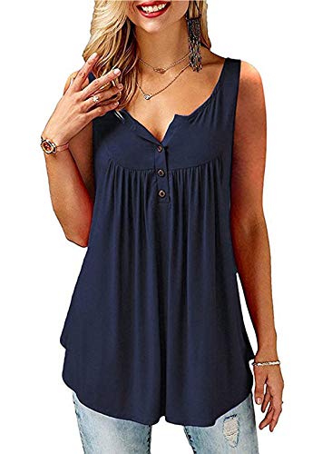 Florboom Damen T-Shirt Knopfleiste Bluse Ärmellos Tops Tunika Basic Sommer Oberteile Dunkelblau L von Florboom