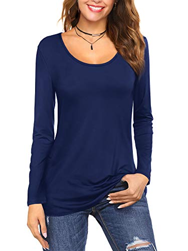 Florboom Damen T-Shirt Rundhals Langarm Shirt Elegantes Oberteile Basic Tops Herbst Casual Bluse Tunika Dunkelblau XL von Florboom