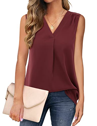 Florboom Damen Tops Sommer Oberteile V-Ausschnitt Ärmellose Bluse Weite Locker Shirt Weinrot L von Florboom