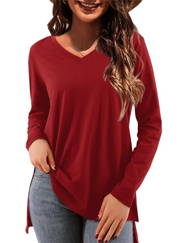 Florboom Damen Tshirt Elegant Bluse V Ausschnitt Langarmshirt Oversize Oberteil, Rot M von Florboom