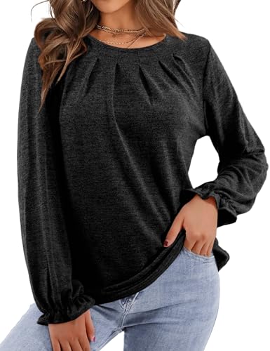 Florboom Damen Tshirt Oberteil Basic Bluse Einfarbig Tunika Langarmshirts, Schwarz XL von Florboom