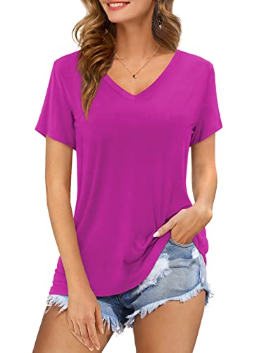 Florboom Damen Tshirt V Ausschnitt Longshirt Kurzarm Oberteile Loose Shirt Einfarbige Tops Lila L von Florboom