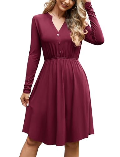 Florboom Damen V-Ausschnitt Freizeitkleid Herbst Langarm A-Linie Midikleid, Lässige Kleider mit Taschen (Weinrot, S) von Florboom
