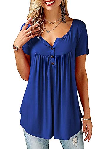 Florboom Damenblusen Kurzarm Sommer Top Elegant Bluse V-Ausschnitt Tunika Longshirt Einfarbige Blau L von Florboom