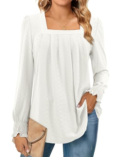 Florboom Damenblusen Langarm Longshirt Puffärmel Langarm T-Shirt Eckiger Ausschnitt Bluse mit Plissee Weiß 2XL von Florboom