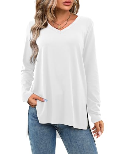 Florboom Frauen Langarm Shirt V-Ausschnitt Splits Lose Tops Basic High Low T Shirts Bluse, Weiss/opulenter Garten, XX-Large von Florboom