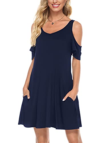 Florboom Kleid Damen Kurzarm A-Linie Kleider Knielanges Sommerkleid Freizeitkleid mit Taschen Dunkelblau XL von Florboom