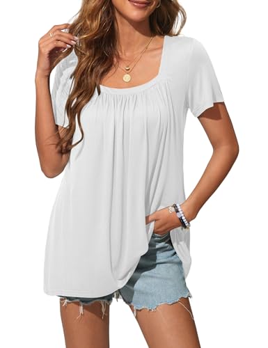 Florboom Kurzarm Tunika Top Damen Lässige Longshirt Sommer Elegant Oberteile, Weiß L von Florboom