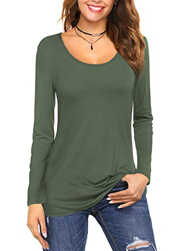 Florboom Langarmshirt Damen Baumwolle Tshirt Rundhals Bluse Einfarbige T-Shirts Oberteile Lang Armeegrün S von Florboom