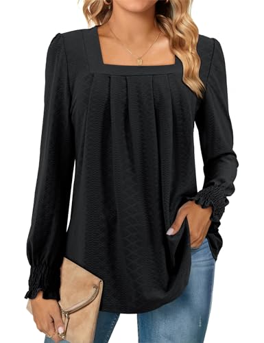 Florboom Langarmshirt Damen Elegant Puffärmel Lässige Eckiger Ausschnitt Bluse mit Gebogene Saum Schwarz L von Florboom