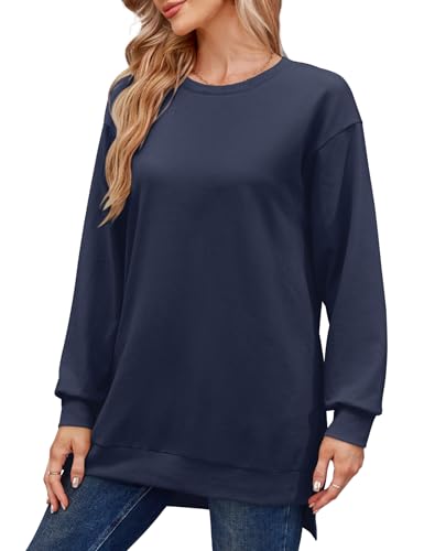 Florboom Langarmshirt Damen Locker Sweatshirt Oversized Tshirt Einfarbig Oberteil, Blau S von Florboom