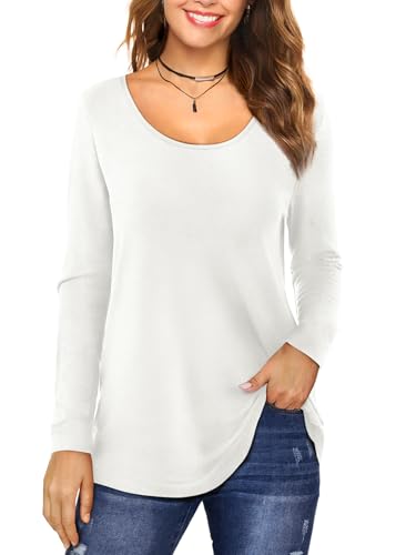 Florboom Langarmshirt Damen Oberteile Rundhals Tshirt Lang T-Shirt Herbst Basic Blusen Weiß XXL von Florboom