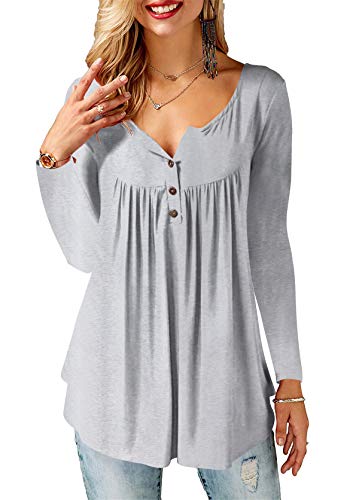 Florboom Langarmshirt Damen Oversize V-Ausschnitt Longsleeve T-Shirt Freizeit Oberteil Elegante Bluse Henley Shirt Basic Tops Grau XL von Florboom