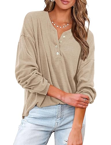 Florboom Langarmshirt Damen V-Ausschnitt Lässiges Pullover Basic T-Shirt mit Knöpfen Beige L von Florboom