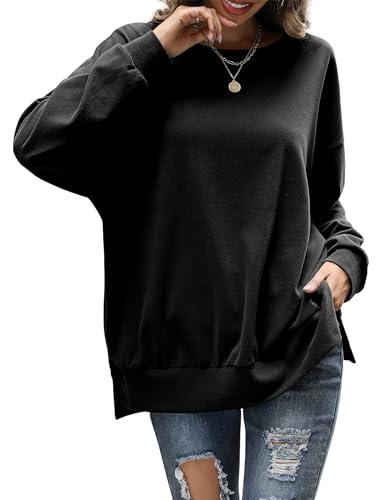 Florboom Sweatshirt Damen Rundhals Longsleeve Pullover Geteiltes Lang Longshirt Schwarz XXL von Florboom