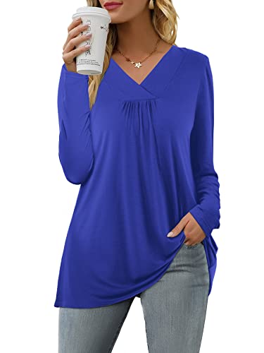 Florboom Longbluse Damen Longshirt V Ausschnitt Langarm Shirts Sexy Falten Tunika Blau S von Florboom