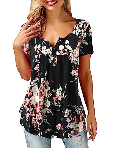 Florboom Longshirt Damen Kurzarm Elegant Blusen Mode Blumendruck T-Shirt Basic Oberteile Schwarz S von Florboom