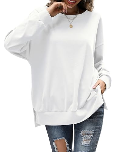 Florboom Longshirt Damen Langarm Tshirt Rundhals Pulli Schlitz Einfarbig Pullover Shirt Weiß S von Florboom