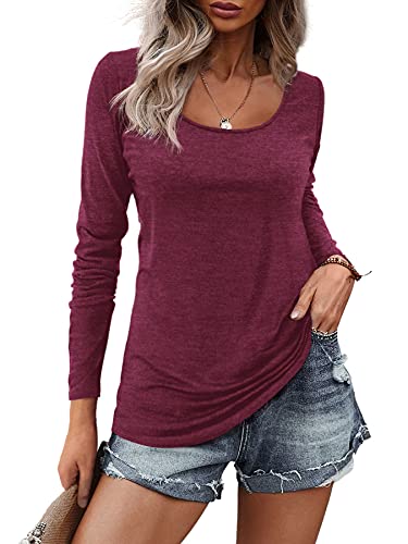Florboom Longshirt Damen Langarm Oberteile Rundhals T-Shirt Basic Shirt Bluse Tunika Weinrot L von Florboom
