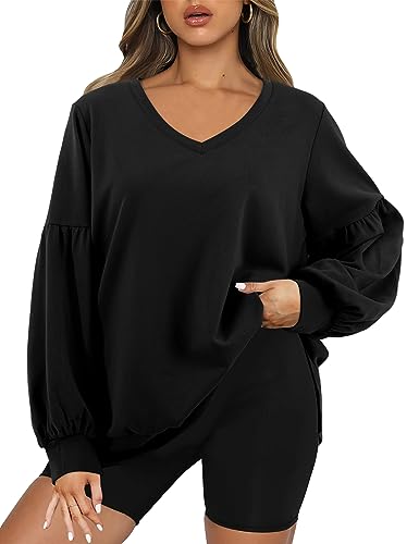 Florboom Longshirt Damen Langarm Oversize Bluse V-Ausschnitt Pullover, Schwarz S von Florboom