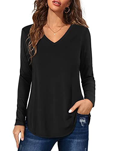 Florboom Longshirt Damen Langarm Shirts V Ausschnitt Oberteil Basic Elegantes Tshirt Schwarz M von Florboom