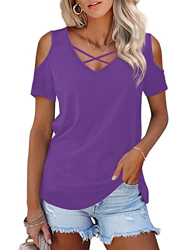 Florboom Longshirt Damen Sommer Kurzarm Oberteil Criss Cross Bluse Off Shoulder Tshirt, Lila L von Florboom