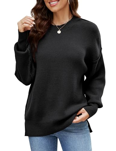 Florboom Longshirt Damen Strickpullover Gestrickt Tshirt Oversize Pullover Langarm Tshirt Bluse, Schwarz XL von Florboom