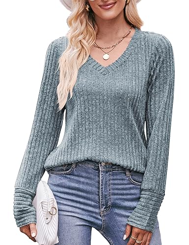 Florboom Longshirt Damen Strickpullover Langarm Oberteil Elegant Blusen Locker Shirts, Blau S von Florboom