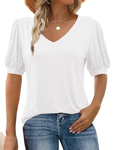Florboom Oberteil Damen Kurzarm V-Ausschnitt Lässig Basic T-Shirts Tops, Weiß L von Florboom