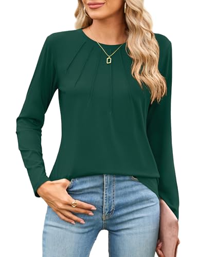 Florboom Oberteile Damen Elegant Rundhals Shirt Einfarbig Langarm Bluse Tops, Grün XXL von Florboom