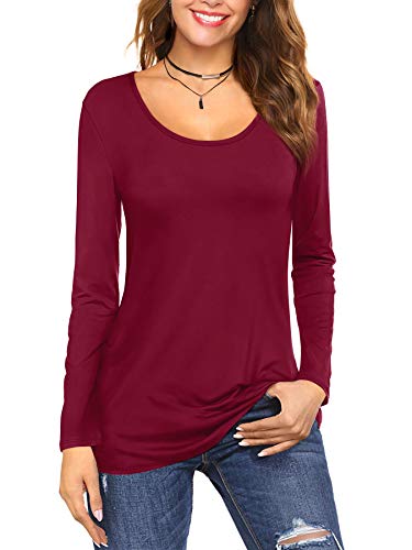 Florboom Oberteile Damen Langarm Elegant Tshirt Rundhals T-Shirt Baumwolle Tunika Solide Bluse Weinrot S von Florboom