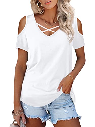 Florboom Off Shoulder Shirt Damen Sommer Kurzarm Tshirt V Ausschnitt Oberteil, Weiß L von Florboom