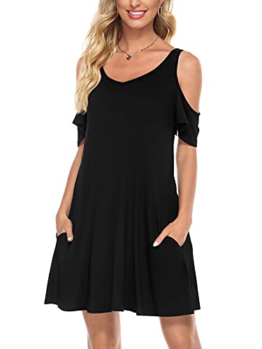 Florboom Schulterfrei Kleid Damen Sommer Tshirt Kleider Kurzarm Sommerkleid Strandkleider Knielang Schwarz XXL von Florboom