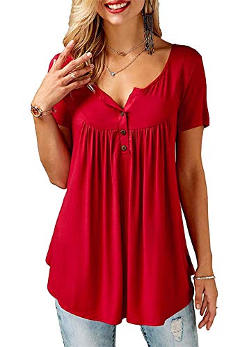 Florboom Shirt Damen Kurzarm Tshirts V Ausschnitt Bluse Einfarbige T-Shirts Sommer Oberteile Tunika Rot M von Florboom