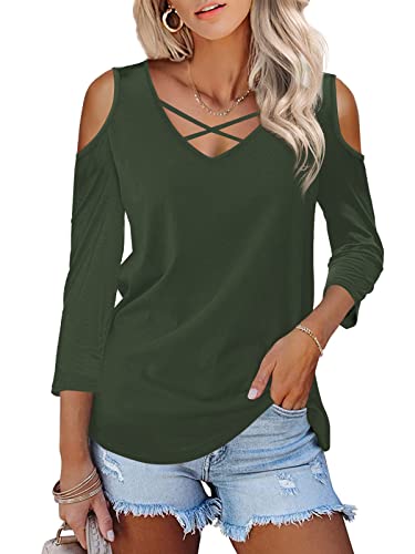 Florboom Shirt Schnürung Damen Off Shoulder Oberteil Langarm V Ausschnitt Longshirt, Olivgrün L von Florboom