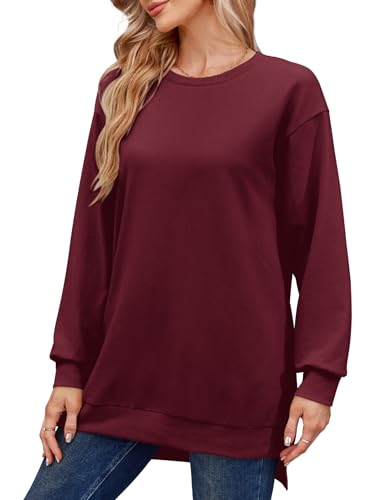 Florboom Sweatshirts Damen Langarm Shirts Rundhals Tunika Lang Bluse, Weinrot XL von Florboom